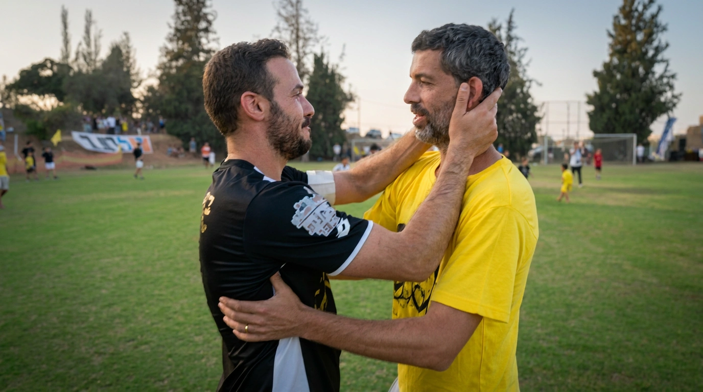שני חברי שועלי כפר עזה מתחבקים על מגרש הכדורגל, אחד בחולצה צהובה ואחד במדי משחק שחורים