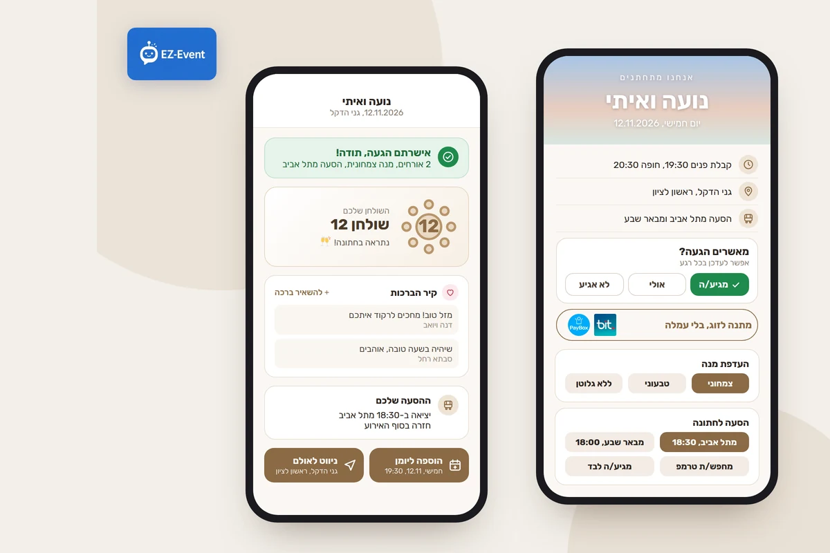 דף אירוע דיגיטלי לחתונה בטלפון: פרטי האירוע, כפתור אישור הגעה, מתנה בביט או בפייבוקס, העדפת מנה ובחירת הסעה, ולצידו המסך שאחרי האישור עם מספר השולחן, קיר הברכות ופרטי ההסעה